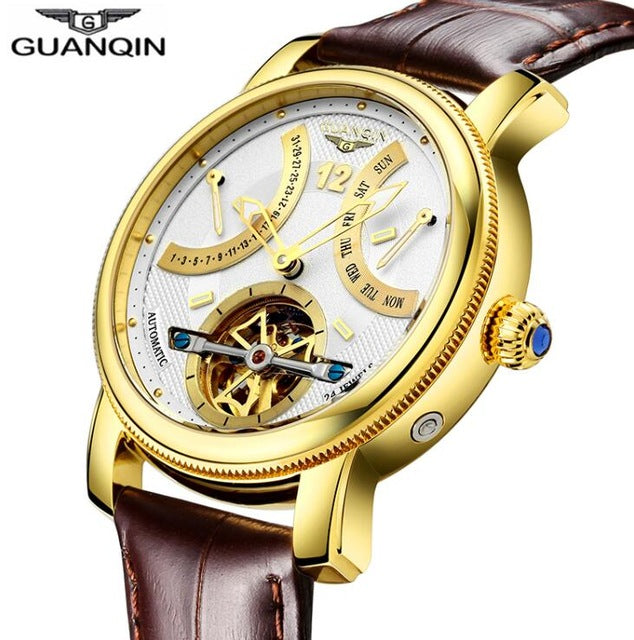 GUANQIN Watches Men Automatic mechanical Top Brand Luxury Fashion Casual Watch Clock Luminous Tourbillon Leather strap Men Watch