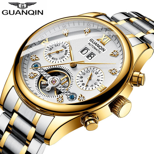 New GUANQIN Watch Men Luxury Automatic Mechanical Waterproof Watch Stainless Steel Date Gold Mens Wristwatch Erkek kol saati