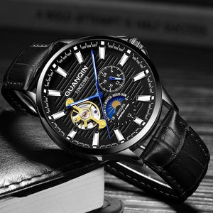 GUANQIN 2018 watch men Luminous clock men Automatic waterproof Mechanical leather rose gold skeleton business relogio masculino